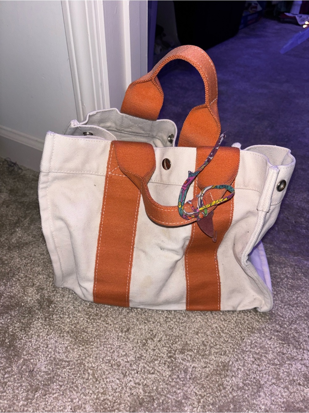 Hermes Cream Canvas Tote with Orange Straps. Twilly and charm included